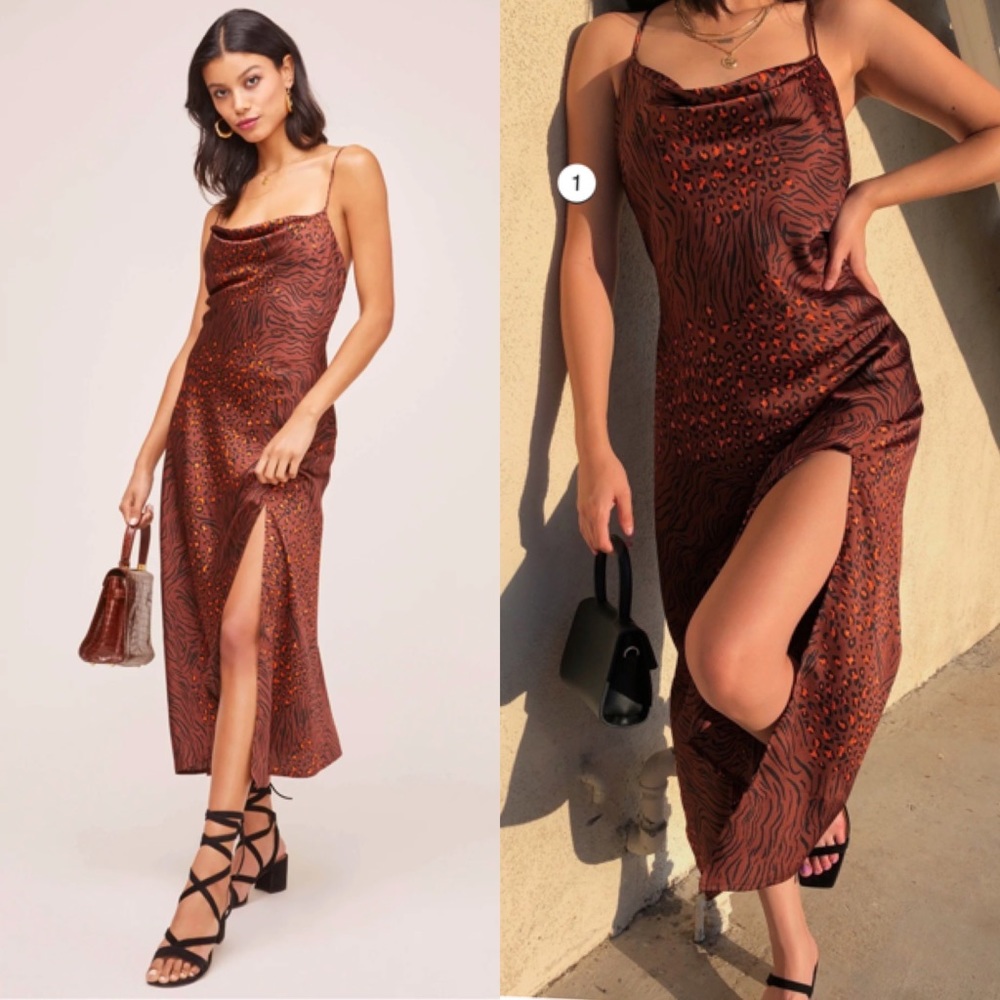 ASTR the Label Gaia Animal Midi Dress in Rust Animal Size XS